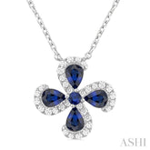 4x3 MM Pear Cut & 2 MM Round Cut Sapphire and 1/6 Ctw Round Cut Diamond Floral Shape Pendant With Chain in 14K White Gold