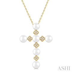 4 MM Round Shape Cultured Pearl and 1/10 Ctw Clover Round Cut Diamond Cross Pendant With Chain in 10K Yellow Gold 4 MM Round Shape Cultured Pearl and 1/10 Ctw Clover Round Cut Diamond Cross Pendant With Chain in 10K Yellow Gold