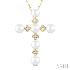 4 MM Round Shape Cultured Pearl and 1/10 Ctw Clover Round Cut Diamond Cross Pendant With Chain in 10K Yellow Gold 4 MM Round Shape Cultured Pearl and 1/10 Ctw Clover Round Cut Diamond Cross Pendant With Chain in 10K Yellow Gold