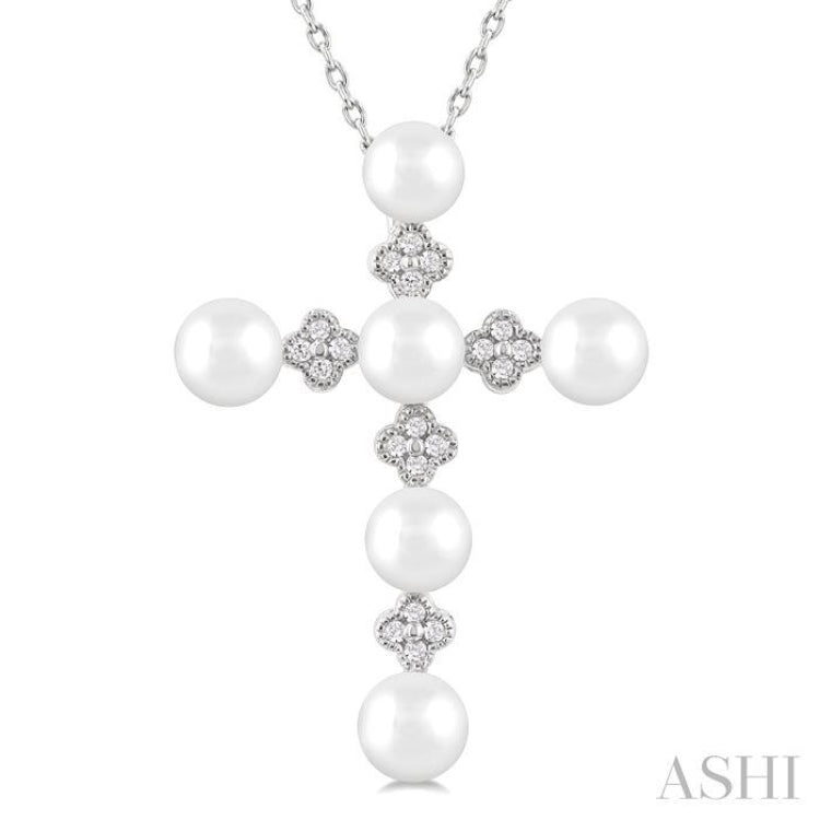4 MM Round Shape Cultured Pearl and 1/10 Ctw Clover Round Cut Diamond Cross Pendant With Chain in 10K White Gold 4 MM Round Shape Cultured Pearl and 1/10 Ctw Clover Round Cut Diamond Cross Pendant With Chain in 10K White Gold