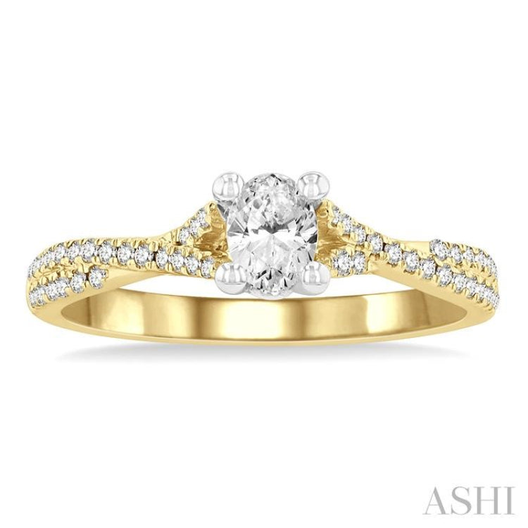 1/2 ctw Split Criss Cross Round & Oval Cut Diamond Engagement Ring With 1/3 ctw Oval Cut Center Stone in 14K Yellow and White Gold 1/2 ctw Split Criss Cross Round & Oval Cut Diamond Engagement Ring With 1/3 ctw Oval Cut Center Stone in 14K Yellow and White Gold