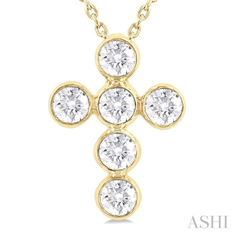 3/4 Ctw Round Cut Diamond 6-Stone Bezel Set Cross Pendant With Chain in 14K Yellow Gold 3/4 Ctw Round Cut Diamond 6-Stone Bezel Set Cross Pendant With Chain in 14K Yellow Gold