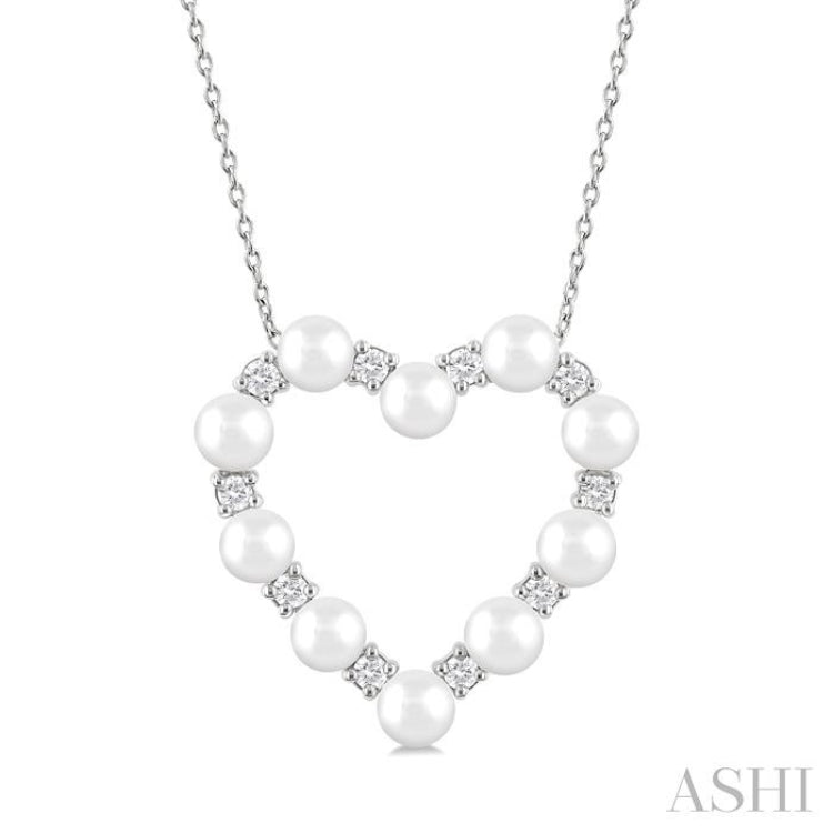 4 MM Round Shape Cultured Pearl and 1/3 Ctw Round Cut Diamond Heart Shape Pendant With Chain in 14K White Gold 4 MM Round Shape Cultured Pearl and 1/3 Ctw Round Cut Diamond Heart Shape Pendant With Chain in 14K White Gold