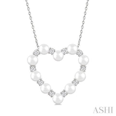 4 MM Round Shape Cultured Pearl and 1/3 Ctw Round Cut Diamond Heart Shape Pendant With Chain in 14K White Gold 4 MM Round Shape Cultured Pearl and 1/3 Ctw Round Cut Diamond Heart Shape Pendant With Chain in 14K White Gold