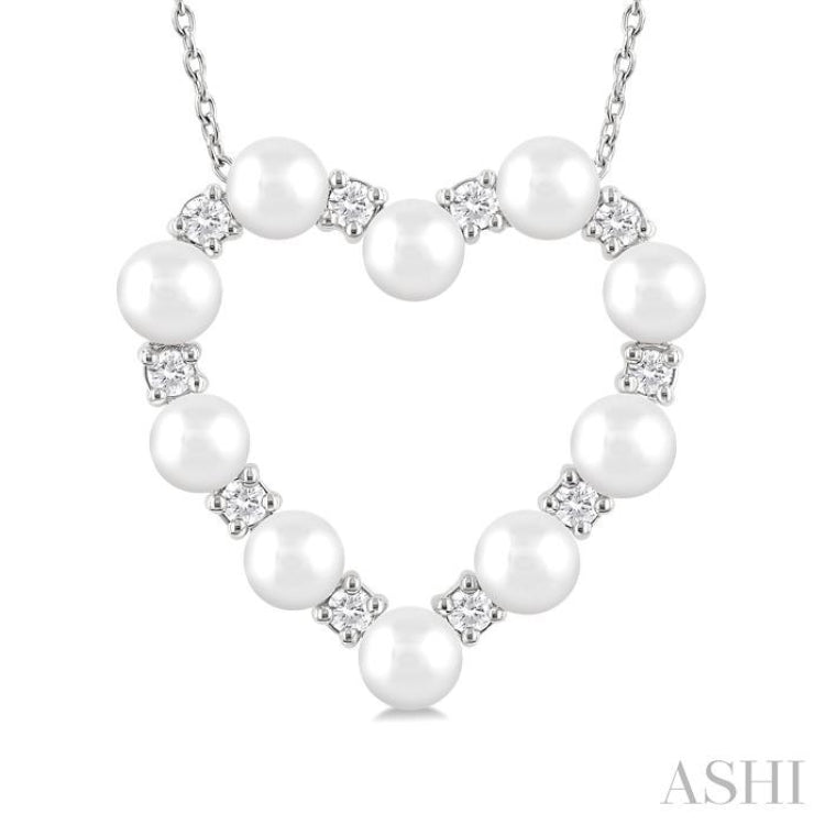 4 MM Round Shape Cultured Pearl and 1/3 Ctw Round Cut Diamond Heart Shape Pendant With Chain in 14K White Gold 4 MM Round Shape Cultured Pearl and 1/3 Ctw Round Cut Diamond Heart Shape Pendant With Chain in 14K White Gold
