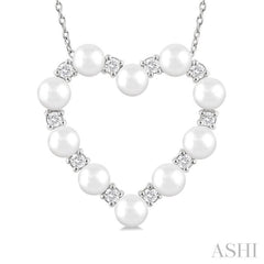 4 MM Round Shape Cultured Pearl and 1/3 Ctw Round Cut Diamond Heart Shape Pendant With Chain in 14K White Gold 4 MM Round Shape Cultured Pearl and 1/3 Ctw Round Cut Diamond Heart Shape Pendant With Chain in 14K White Gold