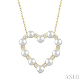 4 MM Round Shape Cultured Pearl and 1/3 Ctw Round Cut Diamond Heart Shape Pendant With Chain in 14K Yellow Gold