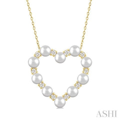 4 MM Round Shape Cultured Pearl and 1/3 Ctw Round Cut Diamond Heart Shape Pendant With Chain in 14K Yellow Gold 4 MM Round Shape Cultured Pearl and 1/3 Ctw Round Cut Diamond Heart Shape Pendant With Chain in 14K Yellow Gold