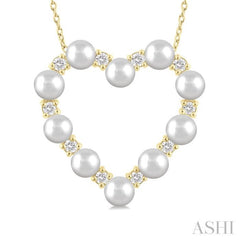 4 MM Round Shape Cultured Pearl and 1/3 Ctw Round Cut Diamond Heart Shape Pendant With Chain in 14K Yellow Gold 4 MM Round Shape Cultured Pearl and 1/3 Ctw Round Cut Diamond Heart Shape Pendant With Chain in 14K Yellow Gold