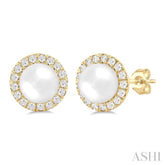 6 MM White Cultured Pearl and 1/4 Ctw Round Cut Diamond Halo Stud Earrings in 14K Yellow Gold