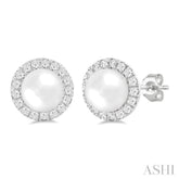 6 MM White Cultured Pearl and 1/4 Ctw Round Cut Diamond Halo Stud Earrings in 10K White Gold