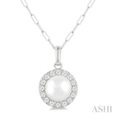 6 MM Cultured White Pearl and 1/6 Ctw Single Cut Diamond Halo Pendant With Chain in 14K White Gold