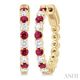 2.4 MM Round Cut Ruby and 5/8 Ctw Round Cut Diamond Precious Hoop Earring in 14K Yellow Gold