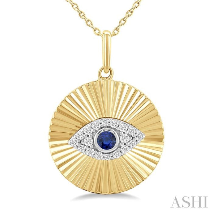 2.5 MM Round Shape Sapphire and 1/8 Ctw Fluted Evil Eye Round Cut Diamond Precious Fashion Pendant With Chain in 14K Yellow and White Gold 2.5 MM Round Shape Sapphire and 1/8 Ctw Fluted Evil Eye Round Cut Diamond Precious Fashion Pendant With Chain in 14K Yellow and White Gold