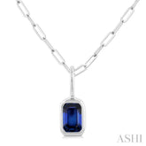 6x4 MM Bezel Set Emerald Cut Sapphire Precious Fashion Pendant With Paperclip Chain in 14K White Gold