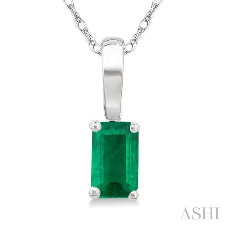 5X3 MM Octagon Shape Emerald Precious Solitaire Pendant With Chain in 14K White Gold 5X3 MM Octagon Shape Emerald Precious Solitaire Pendant With Chain in 14K White Gold