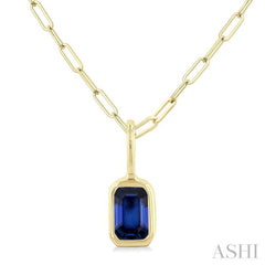 6x4 MM Bezel Set Emerald Cut Sapphire Precious Fashion Pendant With Paperclip Chain in 10K Yellow Gold 6x4 MM Bezel Set Emerald Cut Sapphire Precious Fashion Pendant With Paperclip Chain in 10K Yellow Gold