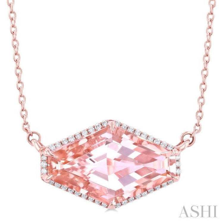 16x10 MM Hexagon Shape Morganite and 1/10 Ctw Round Cut Diamond Halo Semi-Precious Pendant With Chain in 14K Rose Gold 16x10 MM Hexagon Shape Morganite and 1/10 Ctw Round Cut Diamond Halo Semi-Precious Pendant With Chain in 14K Rose Gold