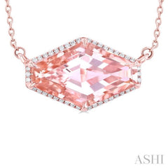 16x10 MM Hexagon Shape Morganite and 1/10 Ctw Round Cut Diamond Halo Semi-Precious Pendant With Chain in 14K Rose Gold 16x10 MM Hexagon Shape Morganite and 1/10 Ctw Round Cut Diamond Halo Semi-Precious Pendant With Chain in 14K Rose Gold