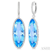 20x8 MM Oval Cut Blue Topaz and 1/2 Ctw Round Cut Diamond Halo Semi-Precious Earrings in 14K White Gold