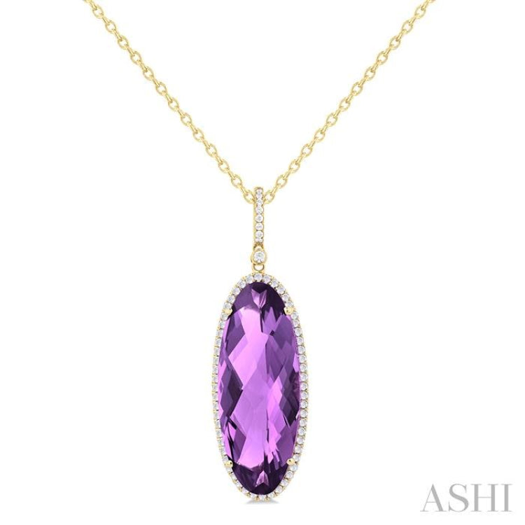 26x10 MM Oval Cut Amethyst and 1/3 Ctw Round Cut Diamond Semi-Precious Pendant With Chain in 14K Yellow Gold 26x10 MM Oval Cut Amethyst and 1/3 Ctw Round Cut Diamond Semi-Precious Pendant With Chain in 14K Yellow Gold