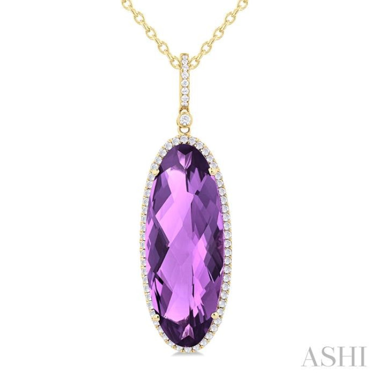 26x10 MM Oval Cut Amethyst and 1/3 Ctw Round Cut Diamond Semi-Precious Pendant With Chain in 14K Yellow Gold 26x10 MM Oval Cut Amethyst and 1/3 Ctw Round Cut Diamond Semi-Precious Pendant With Chain in 14K Yellow Gold