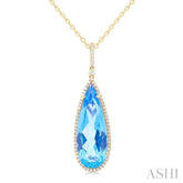 26x9 MM Pear Cut Blue Topaz and 1/4 Ctw Round Cut Diamond Halo Semi-Precious Pendant With Chain in 14K Yellow Gold