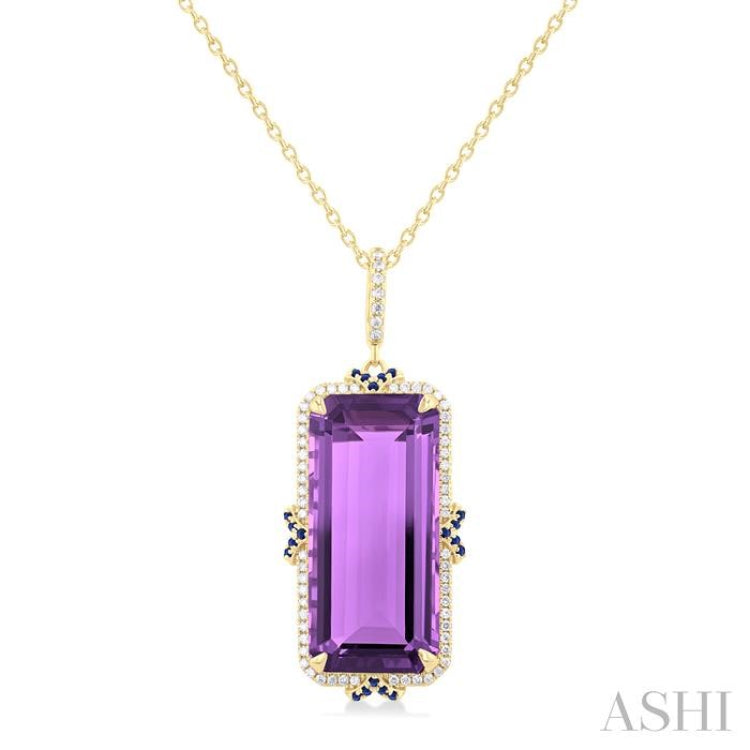 22x10 MM Emerald Cut Amethyst and .80 MM Sapphire & 1/5 Ctw Round Cut Diamond Halo Precious & Semi-Precious Pendant With Chain in 14K Yellow Gold 22x10 MM Emerald Cut Amethyst and .80 MM Sapphire & 1/5 Ctw Round Cut Diamond Halo Precious & Semi-Precious Pendant With Chain in 14K Yellow Gold