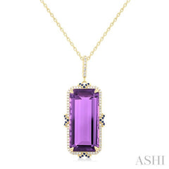 22x10 MM Emerald Cut Amethyst and .80 MM Sapphire & 1/5 Ctw Round Cut Diamond Halo Precious & Semi-Precious Pendant With Chain in 14K Yellow Gold 22x10 MM Emerald Cut Amethyst and .80 MM Sapphire & 1/5 Ctw Round Cut Diamond Halo Precious & Semi-Precious Pendant With Chain in 14K Yellow Gold