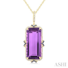 22x10 MM Emerald Cut Amethyst and .80 MM Sapphire & 1/5 Ctw Round Cut Diamond Halo Precious & Semi-Precious Pendant With Chain in 14K Yellow Gold 22x10 MM Emerald Cut Amethyst and .80 MM Sapphire & 1/5 Ctw Round Cut Diamond Halo Precious & Semi-Precious Pendant With Chain in 14K Yellow Gold