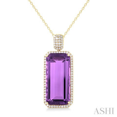 26X12 MM Emerald Cut Amethyst and 1/2 Ctw Round Cut Diamond Halo Semi-Precious Pendant With Chain in 14K Yellow Gold 26X12 MM Emerald Cut Amethyst and 1/2 Ctw Round Cut Diamond Halo Semi-Precious Pendant With Chain in 14K Yellow Gold