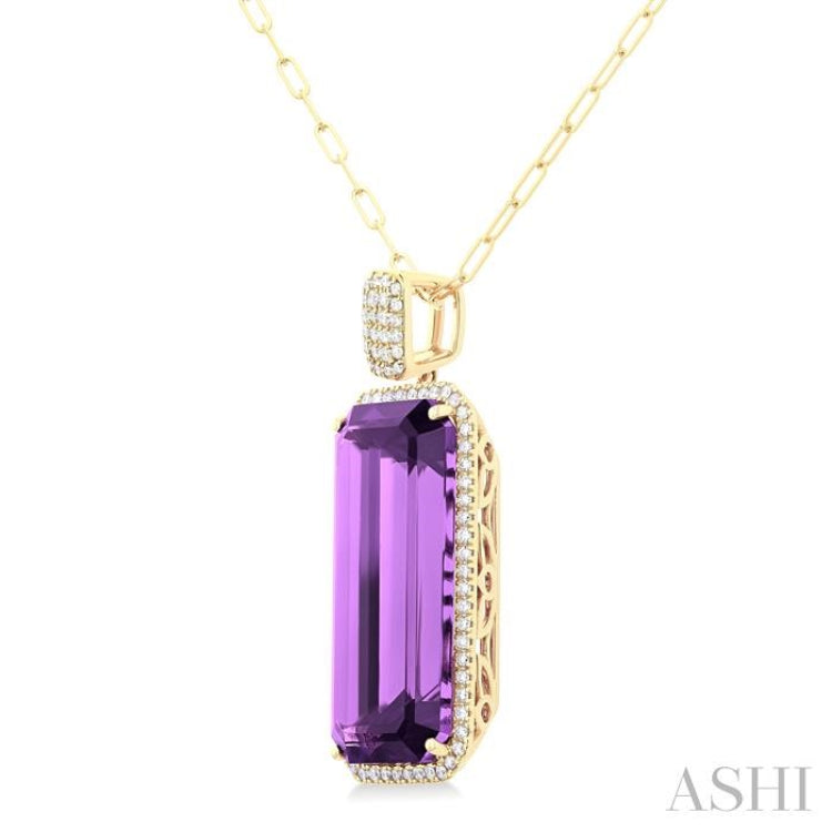 26X12 MM Emerald Cut Amethyst and 1/2 Ctw Round Cut Diamond Halo Semi-Precious Pendant With Chain in 14K Yellow Gold 26X12 MM Emerald Cut Amethyst and 1/2 Ctw Round Cut Diamond Halo Semi-Precious Pendant With Chain in 14K Yellow Gold