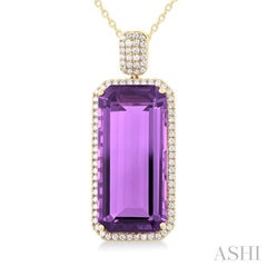 26X12 MM Emerald Cut Amethyst and 1/2 Ctw Round Cut Diamond Halo Semi-Precious Pendant With Chain in 14K Yellow Gold 26X12 MM Emerald Cut Amethyst and 1/2 Ctw Round Cut Diamond Halo Semi-Precious Pendant With Chain in 14K Yellow Gold