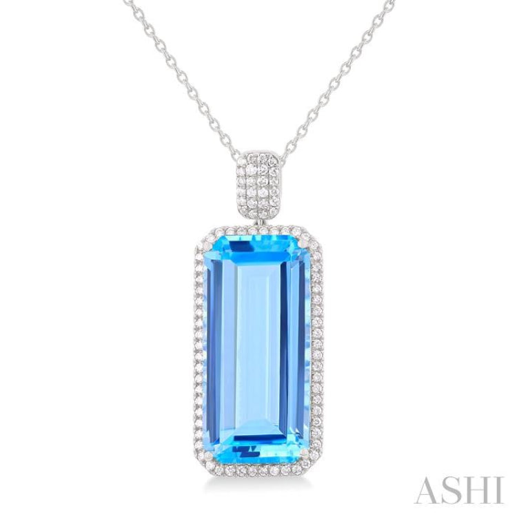 26X12 MM Emerald Cut Blue Topaz and 1/2 Ctw Round Cut Diamond Halo Semi-Precious Pendant With Chain in 14K White Gold 26X12 MM Emerald Cut Blue Topaz and 1/2 Ctw Round Cut Diamond Halo Semi-Precious Pendant With Chain in 14K White Gold