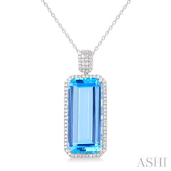26X12 MM Emerald Cut Blue Topaz and 1/2 Ctw Round Cut Diamond Halo Semi-Precious Pendant With Chain in 14K White Gold 26X12 MM Emerald Cut Blue Topaz and 1/2 Ctw Round Cut Diamond Halo Semi-Precious Pendant With Chain in 14K White Gold