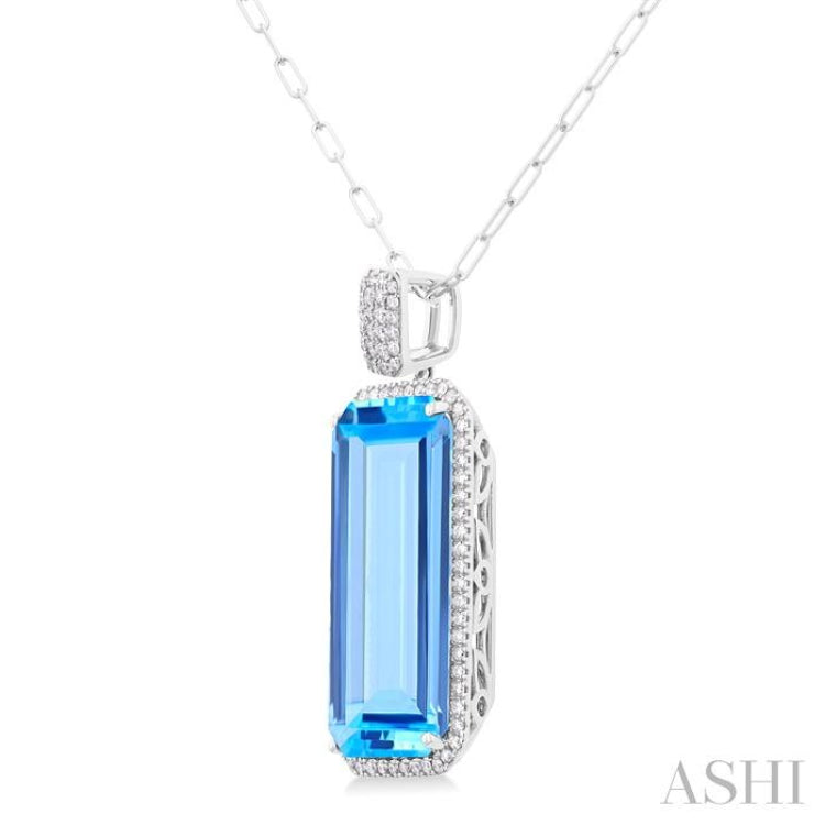 26X12 MM Emerald Cut Blue Topaz and 1/2 Ctw Round Cut Diamond Halo Semi-Precious Pendant With Chain in 14K White Gold 26X12 MM Emerald Cut Blue Topaz and 1/2 Ctw Round Cut Diamond Halo Semi-Precious Pendant With Chain in 14K White Gold