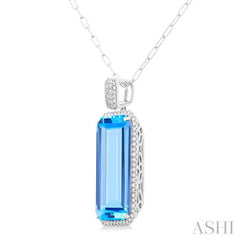 26X12 MM Emerald Cut Blue Topaz and 1/2 Ctw Round Cut Diamond Halo Semi-Precious Pendant With Chain in 14K White Gold 26X12 MM Emerald Cut Blue Topaz and 1/2 Ctw Round Cut Diamond Halo Semi-Precious Pendant With Chain in 14K White Gold