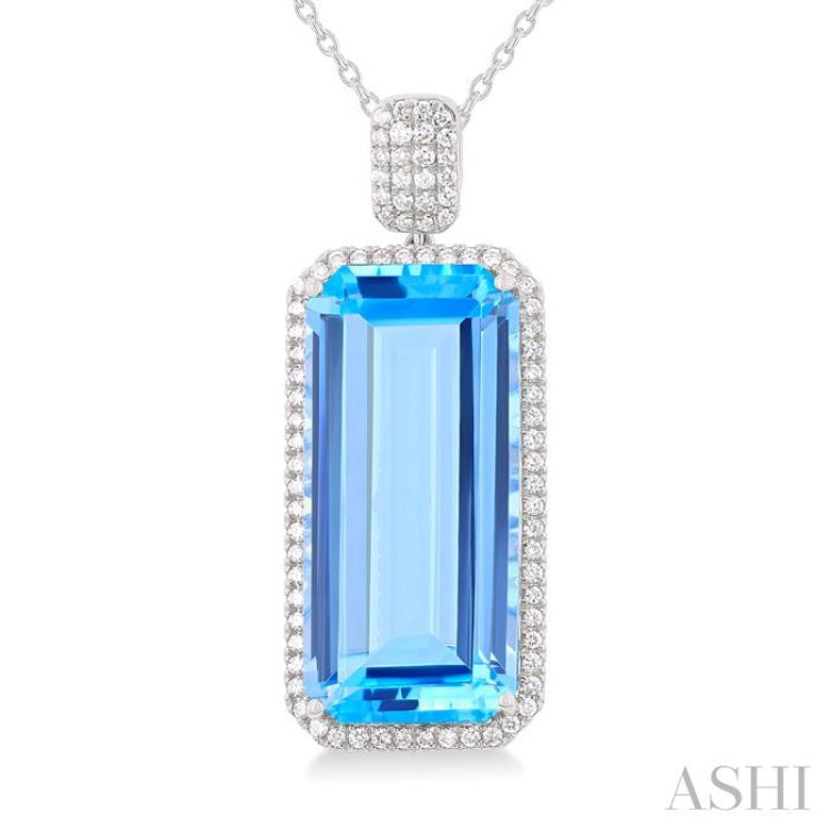 26X12 MM Emerald Cut Blue Topaz and 1/2 Ctw Round Cut Diamond Halo Semi-Precious Pendant With Chain in 14K White Gold 26X12 MM Emerald Cut Blue Topaz and 1/2 Ctw Round Cut Diamond Halo Semi-Precious Pendant With Chain in 14K White Gold