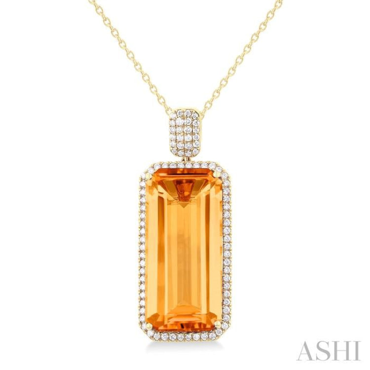 26X12 MM Emerald Cut Citrine and 1/2 Ctw Round Cut Diamond Halo Semi-Precious Pendant With Chain in 14K Yellow Gold 26X12 MM Emerald Cut Citrine and 1/2 Ctw Round Cut Diamond Halo Semi-Precious Pendant With Chain in 14K Yellow Gold