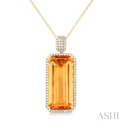 26X12 MM Emerald Cut Citrine and 1/2 Ctw Round Cut Diamond Halo Semi-Precious Pendant With Chain in 14K Yellow Gold 26X12 MM Emerald Cut Citrine and 1/2 Ctw Round Cut Diamond Halo Semi-Precious Pendant With Chain in 14K Yellow Gold