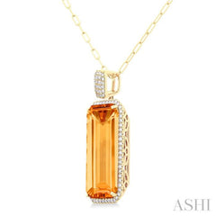 26X12 MM Emerald Cut Citrine and 1/2 Ctw Round Cut Diamond Halo Semi-Precious Pendant With Chain in 14K Yellow Gold 26X12 MM Emerald Cut Citrine and 1/2 Ctw Round Cut Diamond Halo Semi-Precious Pendant With Chain in 14K Yellow Gold