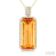 26X12 MM Emerald Cut Citrine and 1/2 Ctw Round Cut Diamond Halo Semi-Precious Pendant With Chain in 14K Yellow Gold 26X12 MM Emerald Cut Citrine and 1/2 Ctw Round Cut Diamond Halo Semi-Precious Pendant With Chain in 14K Yellow Gold