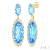 18x8 MM & 10x5 MM Oval Cut Blue Topaz and 3/4 Ctw Round Cut Diamond Halo Semi-Precious Earrings in 14K Yellow Gold