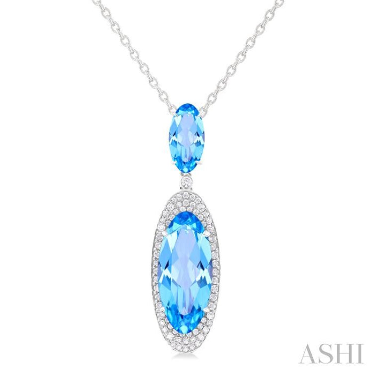 18x8 MM & 10x5 MM Oval Cut Blue Topaz and 1/3 Ctw Round Cut Diamond Halo Semi-Precious Pendant With Chain in 14K White Gold 18x8 MM & 10x5 MM Oval Cut Blue Topaz and 1/3 Ctw Round Cut Diamond Halo Semi-Precious Pendant With Chain in 14K White Gold