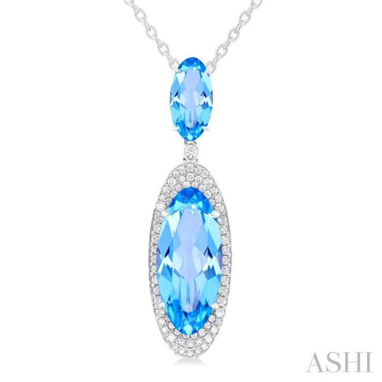 18x8 MM & 10x5 MM Oval Cut Blue Topaz and 1/3 Ctw Round Cut Diamond Halo Semi-Precious Pendant With Chain in 14K White Gold 18x8 MM & 10x5 MM Oval Cut Blue Topaz and 1/3 Ctw Round Cut Diamond Halo Semi-Precious Pendant With Chain in 14K White Gold