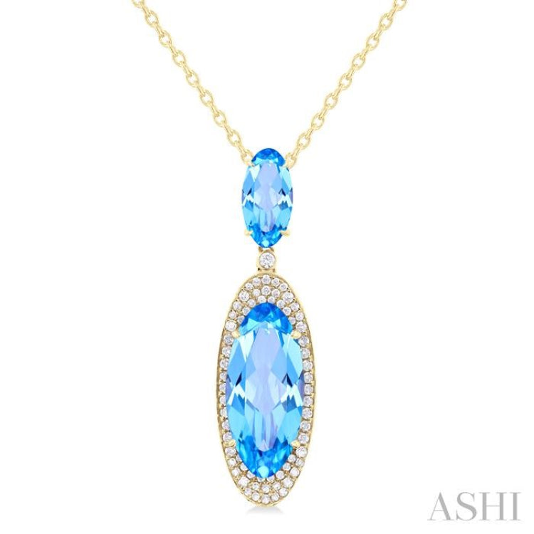 18x8 MM & 10x5 MM Oval Cut Blue Topaz and 1/3 Ctw Round Cut Diamond Halo Semi-Precious Pendant With Chain in 14K Yellow Gold 18x8 MM & 10x5 MM Oval Cut Blue Topaz and 1/3 Ctw Round Cut Diamond Halo Semi-Precious Pendant With Chain in 14K Yellow Gold