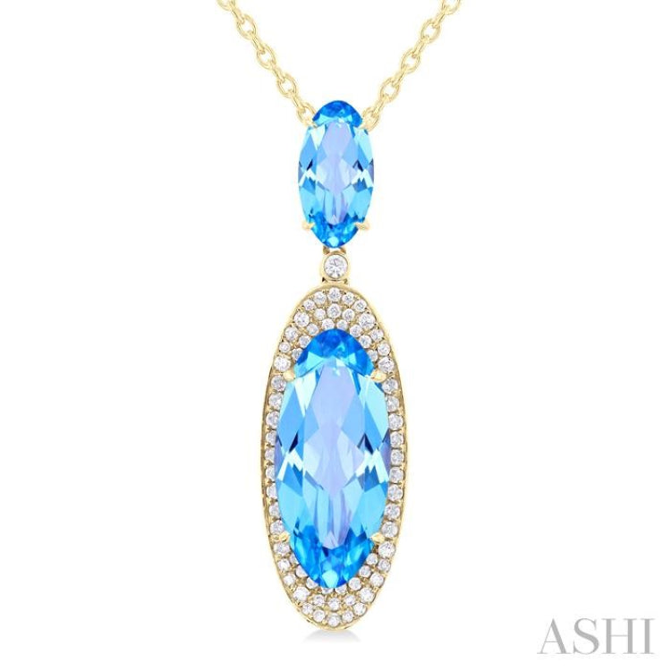 18x8 MM & 10x5 MM Oval Cut Blue Topaz and 1/3 Ctw Round Cut Diamond Halo Semi-Precious Pendant With Chain in 14K Yellow Gold 18x8 MM & 10x5 MM Oval Cut Blue Topaz and 1/3 Ctw Round Cut Diamond Halo Semi-Precious Pendant With Chain in 14K Yellow Gold