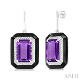 12x8 MM Emerald Cut Amethyst and 1/3 Ctw Round Cut Diamond Halo & Black Enamel Border Semi-Precious Earrings in 14K White Gold