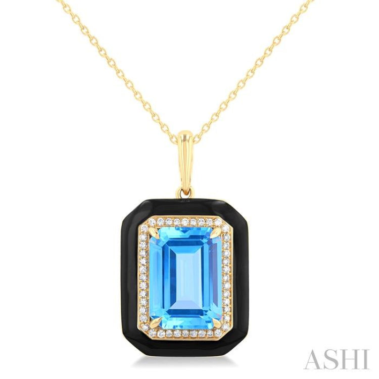 14x10 MM Emerald Cut Blue Topaz and 1/5 Ctw Round Cut Diamond Halo & Black Enamel Border Semi-Precious Pendant With Chain in 14K Yellow Gold 14x10 MM Emerald Cut Blue Topaz and 1/5 Ctw Round Cut Diamond Halo & Black Enamel Border Semi-Precious Pendant With Chain in 14K Yellow Gold