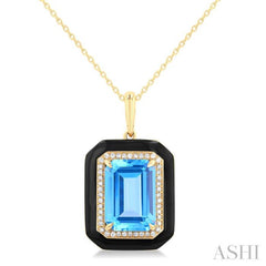 14x10 MM Emerald Cut Blue Topaz and 1/5 Ctw Round Cut Diamond Halo & Black Enamel Border Semi-Precious Pendant With Chain in 14K Yellow Gold 14x10 MM Emerald Cut Blue Topaz and 1/5 Ctw Round Cut Diamond Halo & Black Enamel Border Semi-Precious Pendant With Chain in 14K Yellow Gold